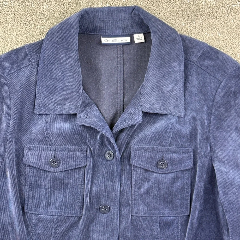 Croft & Barrow Jacket Womens L Blue Corduroy Button Front Utility Casual Classic